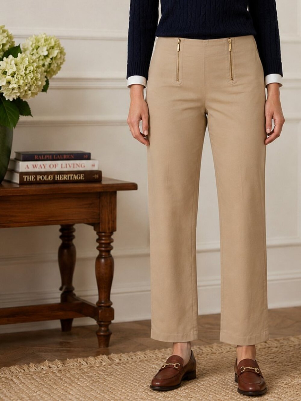 Lauren Ralph Lauren Khaki Straight Leg Pants Dual Zip Front Stretch Size 16